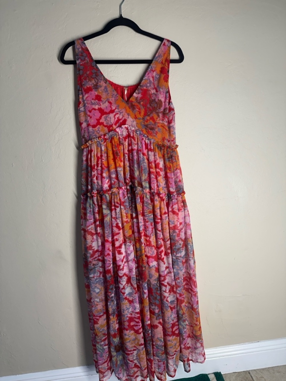 Free People Julianna Tiered Maxi Dress Boho Floral V-Neck Pockets Pink Orange - Picture 2 of 11